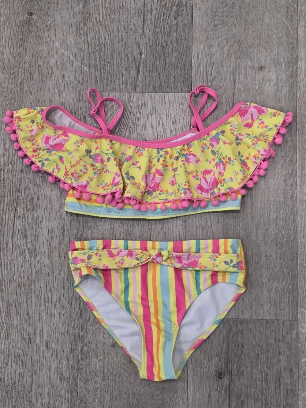 Betsey Johnson Girls XL (14) Yellow & Pink Floral Ruffle Bikini With Pom Pom Tri
